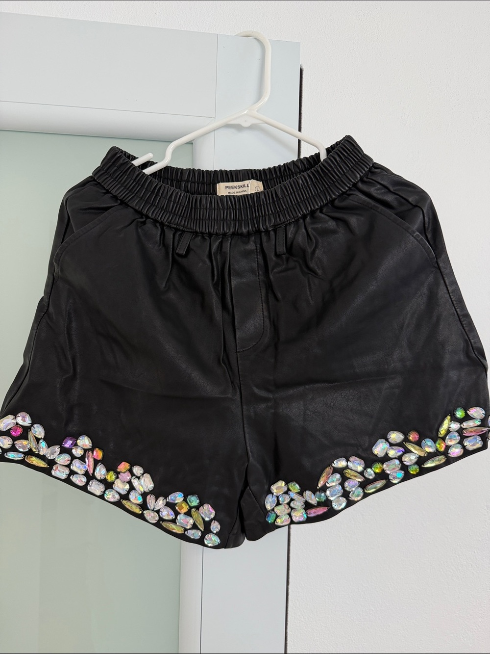 Black Embellished High-Waist Faux Leather Shorts